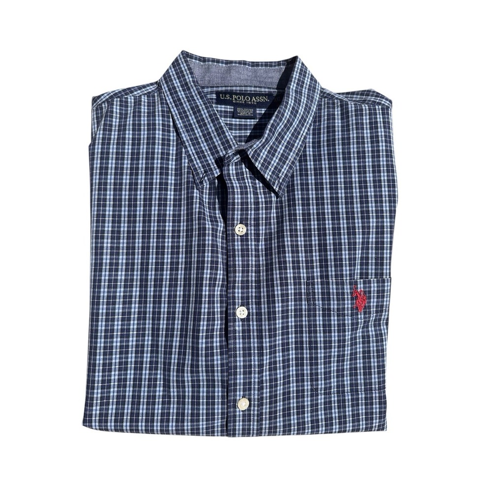 US Polo Assn Button Up Shirt Blue Plaid Mens Big And Tall 100% Cotton XXL